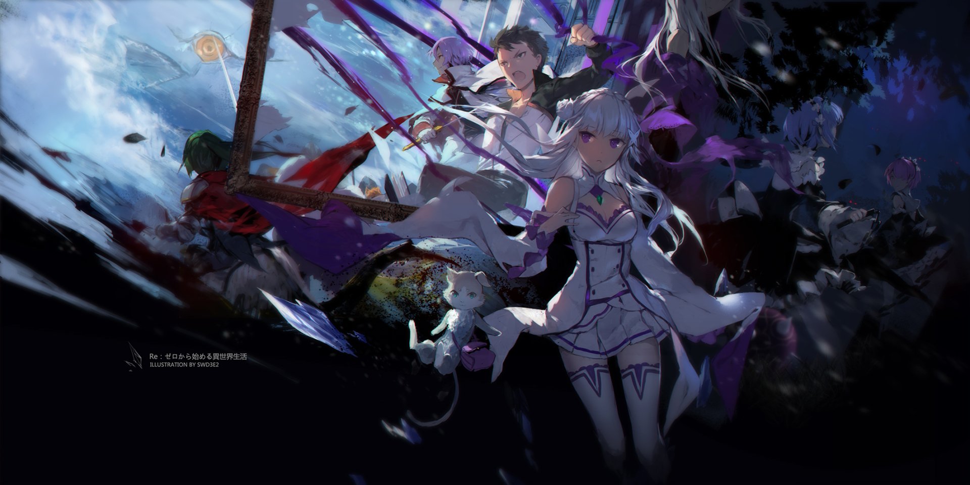 Anime scene from Re:ZERO featuring Subaru Natsuki, Emilia, Rem, Ram, and Pack in dynamic action poses against a dark, swirling background.
