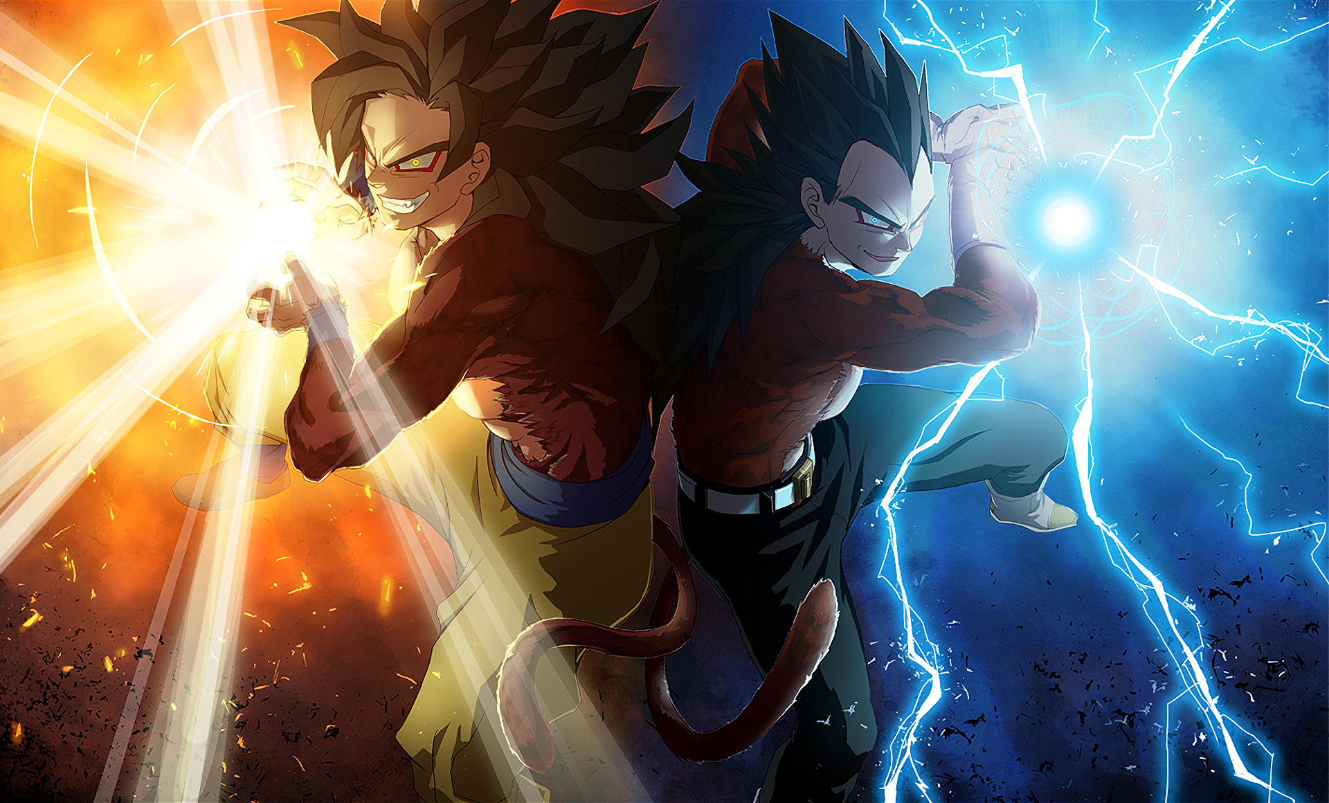 Vegeta and Goku from Dragon Ball Z stand back-to-back, powering up with glowing orange and blue energy in this dynamic anime scene.