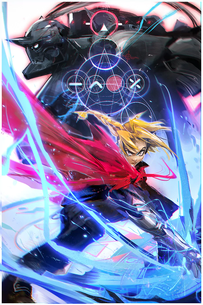 Dynamic anime-style artwork featuring Edward Elric in the foreground with red and blue alchemical energy, and Alphonse Elric’s armored form looming behind, inspired by Fullmetal Alchemist.