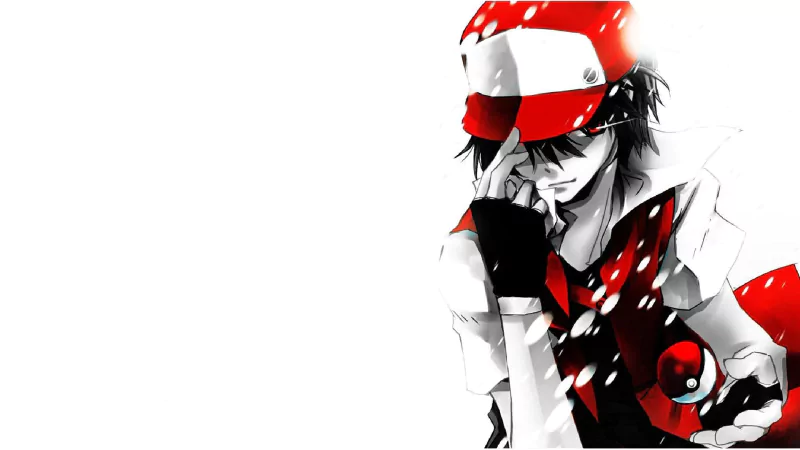 High-contrast fan art of Red from Pokémon: Red and Blue — moody trainer in a red-and-white cap and jacket, hand to face while holding a Poké Ball on a white background.
