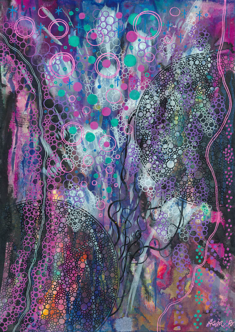 An abstract composition featuring vibrant purple hues, intricate circular patterns, and a blend of colors that evoke a sense of depth and movement.