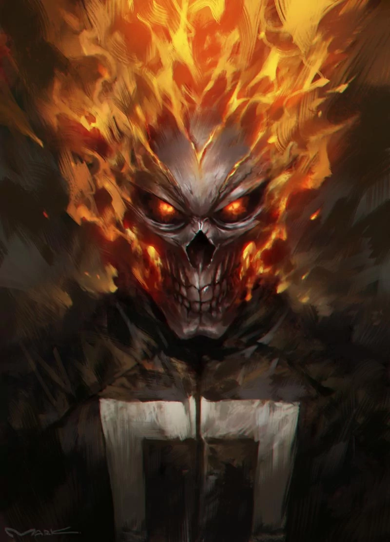 A fiery Ghost Rider with a flaming skull and glowing eyes, depicted in a dramatic style, related to the TV show Agents of S.H.I.E.L.D.