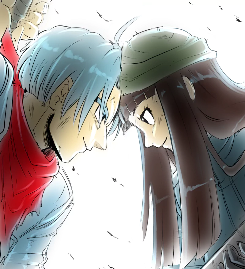 Trunks and Mai from Dragon Ball Super share a tense moment, forehead to forehead, set against a dramatic backdrop. Their expressions capture the intensity of their bond in this anime scene.