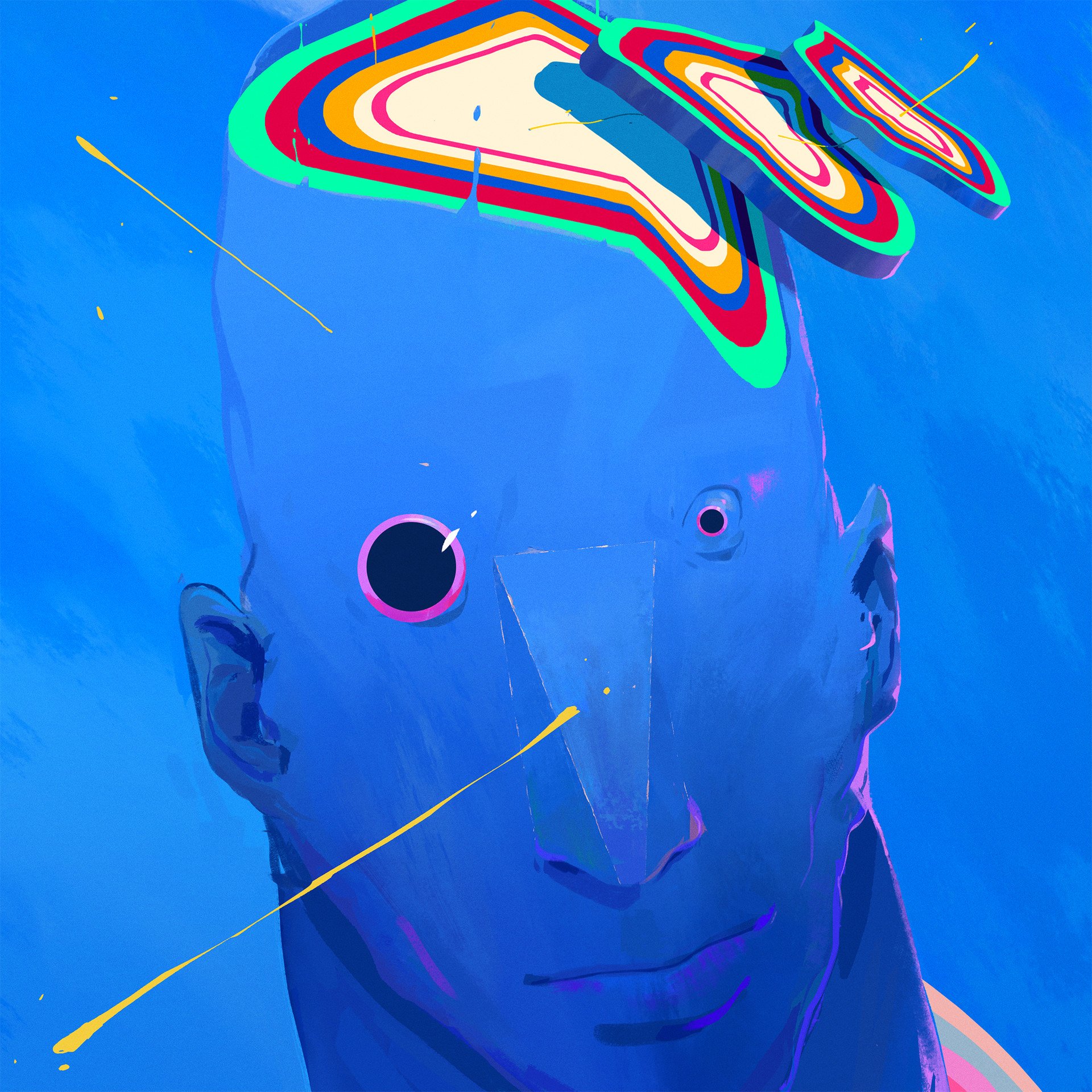 Abstract digital art portrait of a human figure with vibrant, multicolored accents against a deep blue background, blending artistic expression and surreal elements.