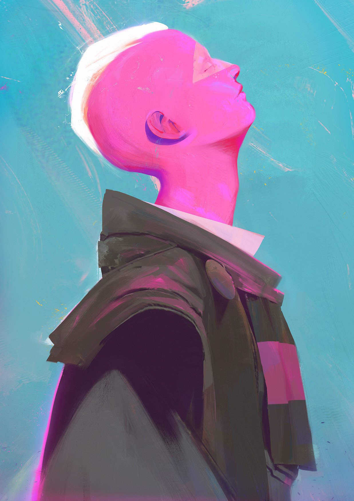 Abstract artistic portrait of a human figure with vibrant pink skin and white hair, set against a blue background. The figure faces upward, evoking a contemplative mood.