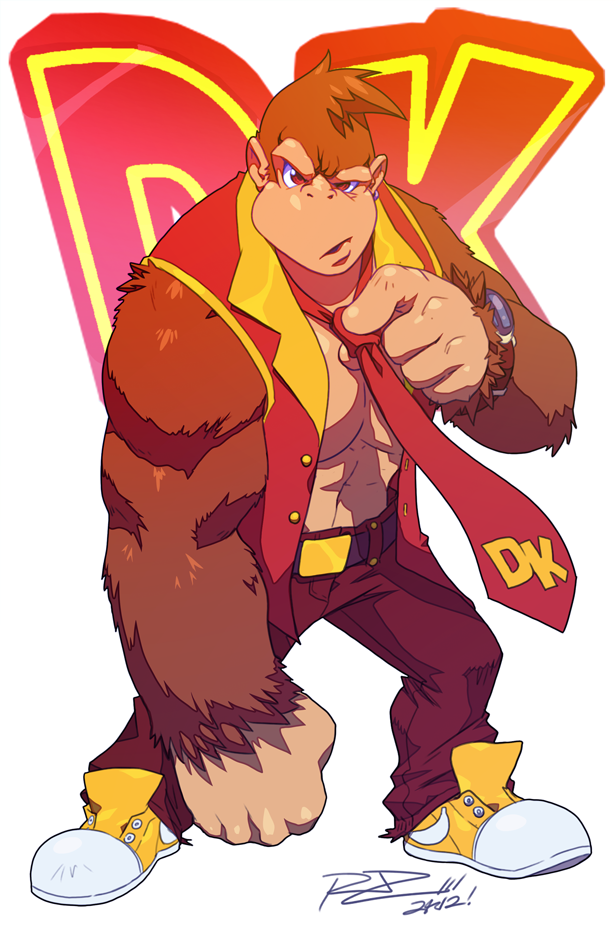 Cartoon-style anthropomorphic Donkey Kong character design from a video game, striking a confident pose with a red tie bearing the DK logo against bold red and yellow letters.