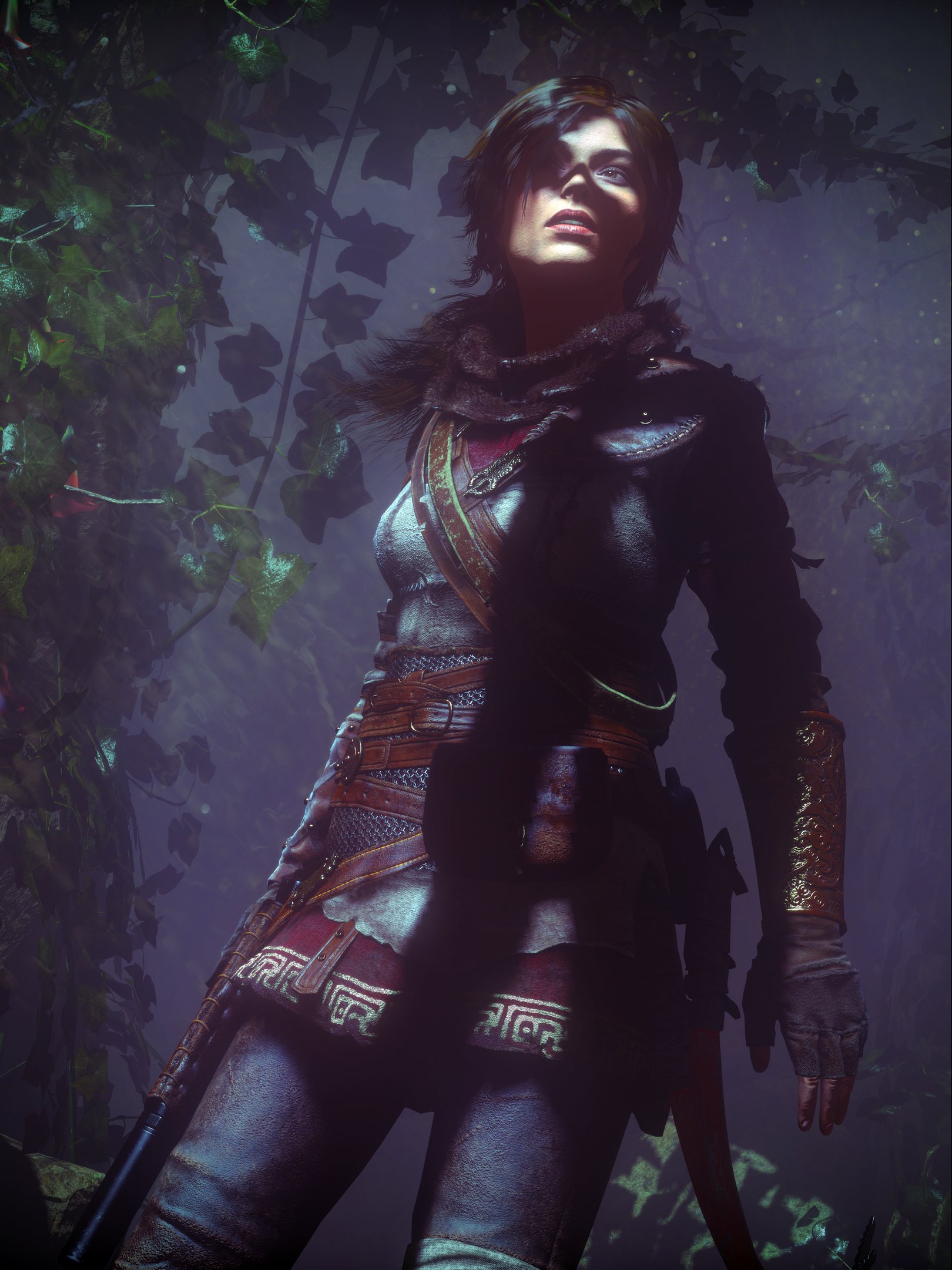 Lara Croft stands confidently in a dense, mysterious jungle in Rise of the Tomb Raider, showcasing her adventurous spirit and resilience amidst the lush surroundings.