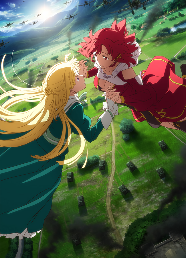 Two characters from the anime Izetta: The Last Witch, one with red hair and one with blonde hair, hold hands midair above a battlefield with tanks and aircraft below.