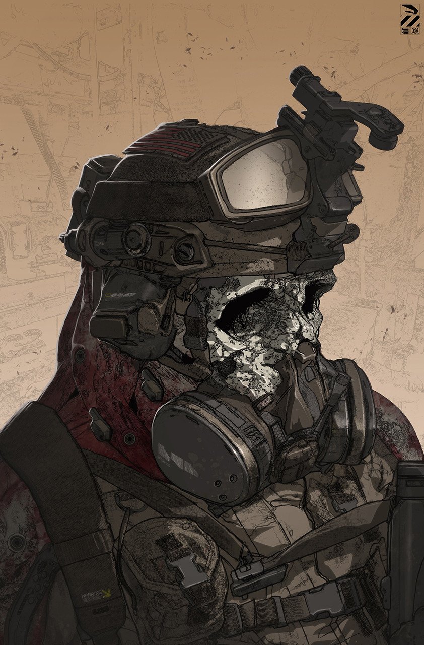 Dystopian soldier with gas mask and tactical gear, revealing a decayed zombie face beneath in a dark, post-apocalyptic setting.