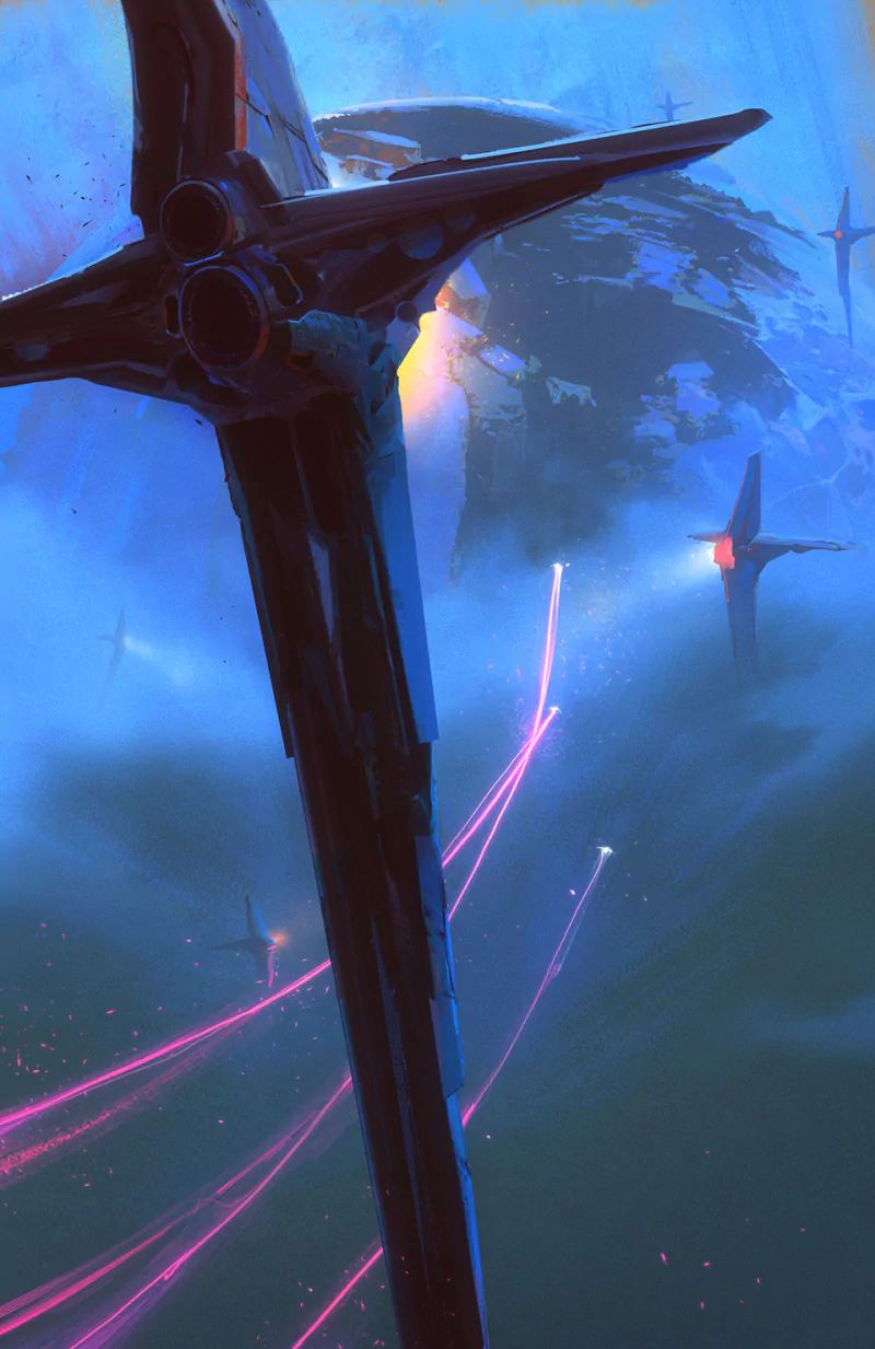 A sleek spaceship navigates through a vibrant, colorful nebula, with beams of light streaking past and distant celestial bodies looming in the background. Science fiction imagery unfolds.