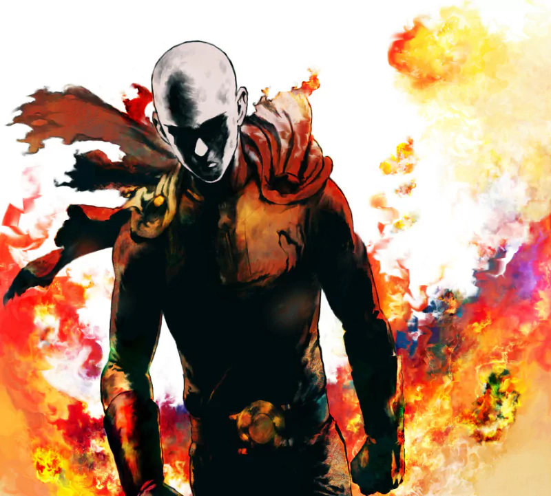 Saitama from One-Punch Man stands confidently amidst a vibrant explosion of colors, embodying the essence of strength and determination in this dynamic anime artwork.