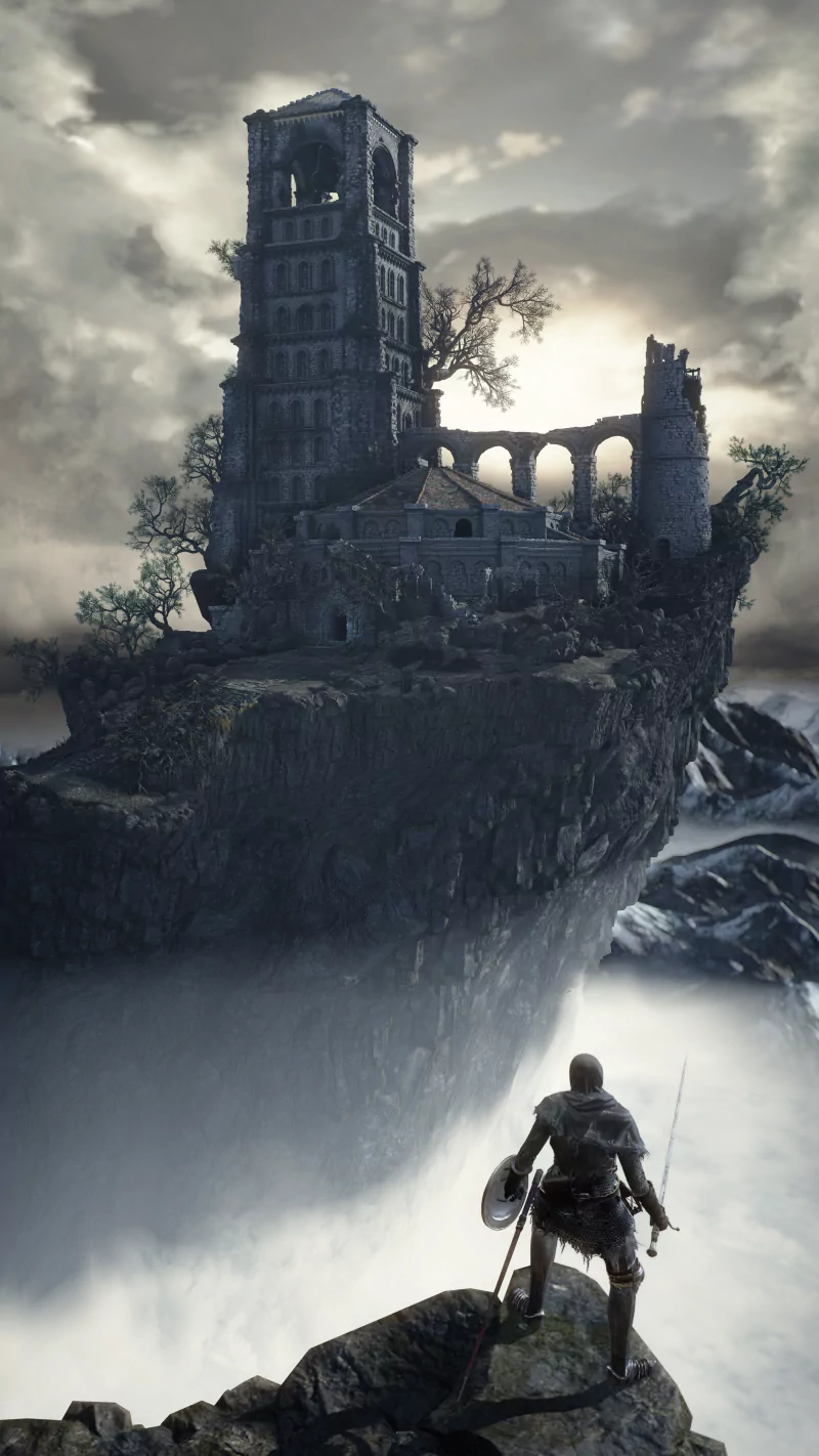 A warrior stands on a cliff, gazing at a towering, crumbling structure shrouded in mist, embodying the haunting atmosphere of Dark Souls III.