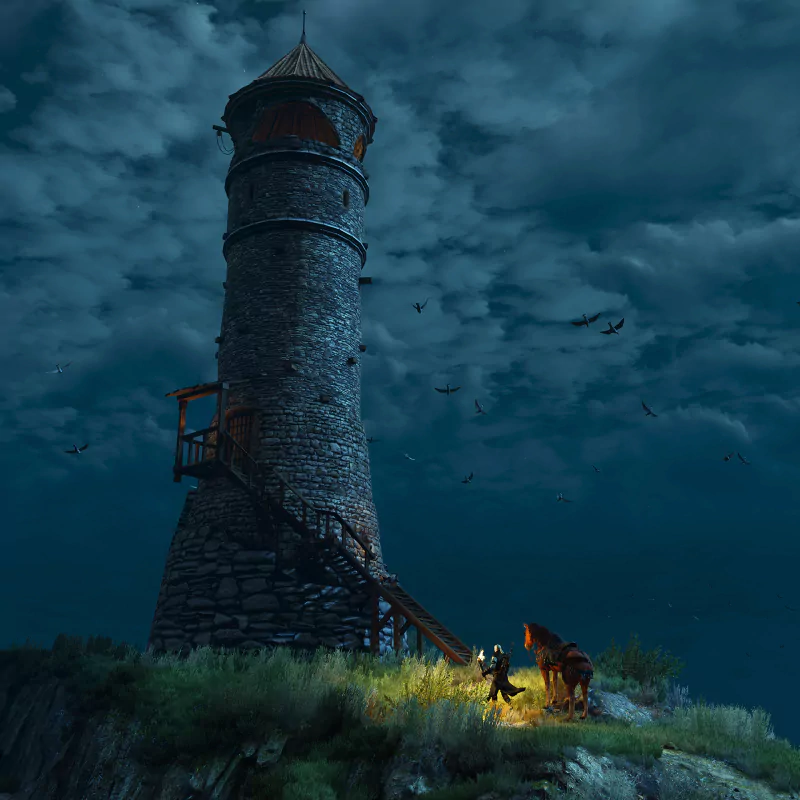 Geralt of Rivia stands near a campfire with his horse beneath a stone tower at night, from the video game The Witcher 3: Wild Hunt.