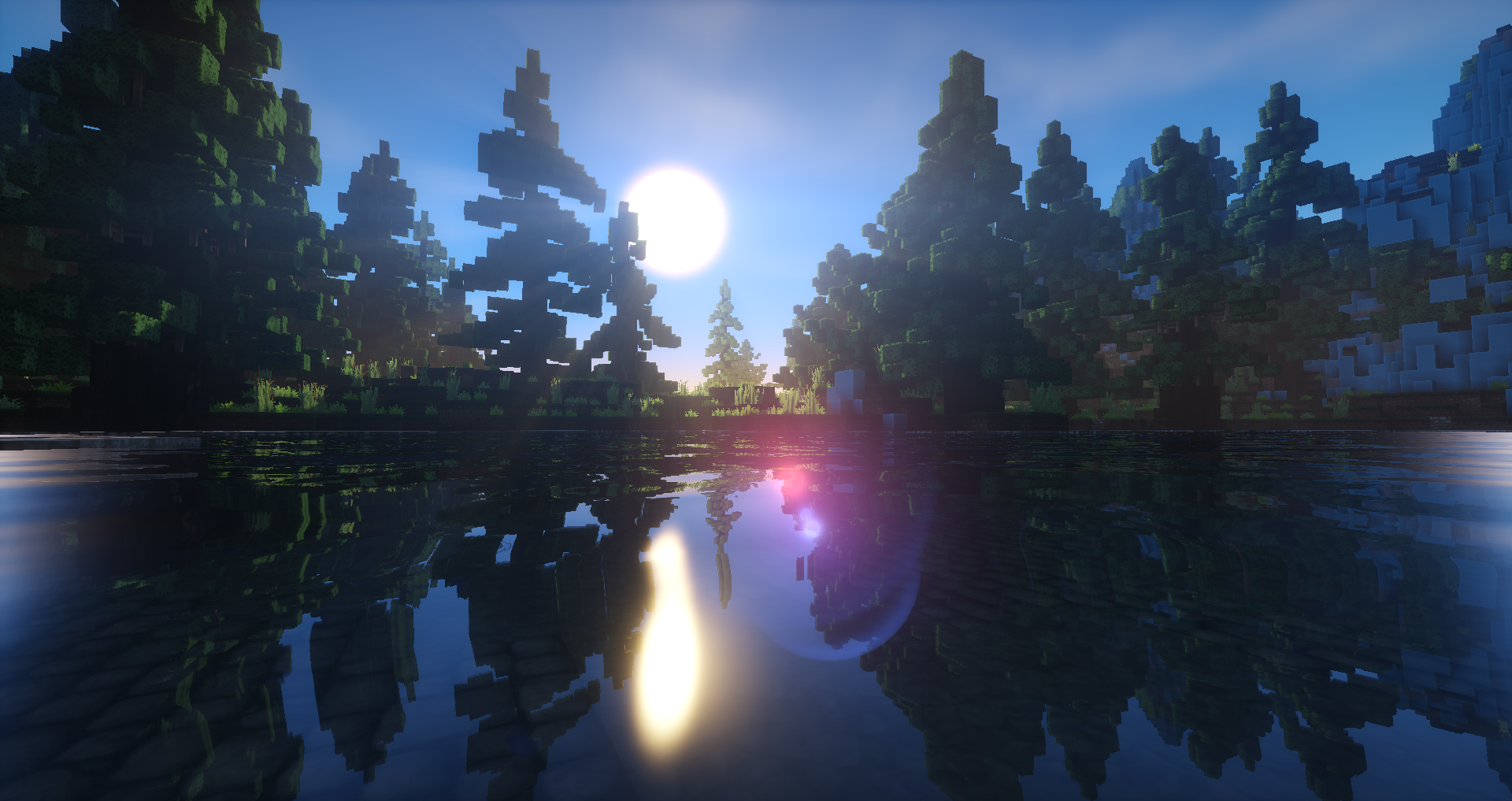 A Minecraft landscape at sunset with blocky trees reflected in calm water under a bright sun.
