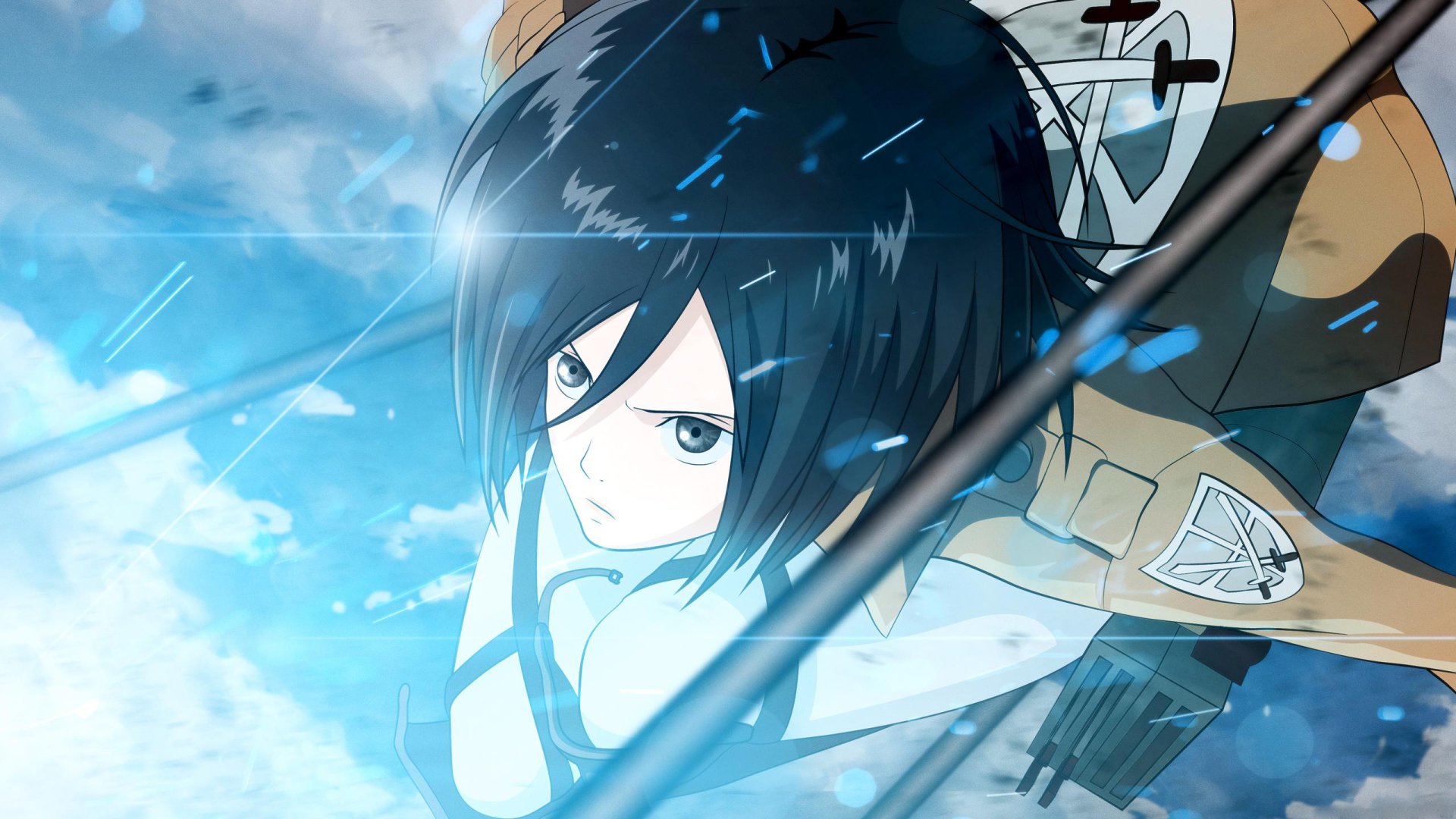 Mikasa Ackerman from Attack on Titan is depicted in dynamic action, wearing her Survey Corps uniform against a stormy, blue-toned sky background in anime style.