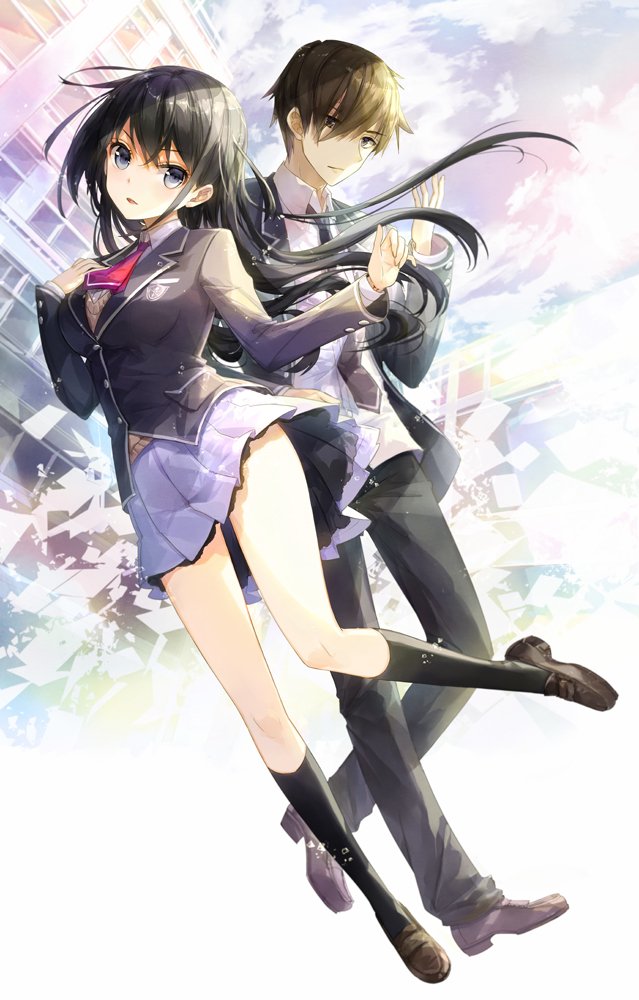 Two characters from the anime Mirai Shousetsu Arcana stand together in a colorful, dynamic pose, featuring a girl in a school uniform and a boy in casual attire.