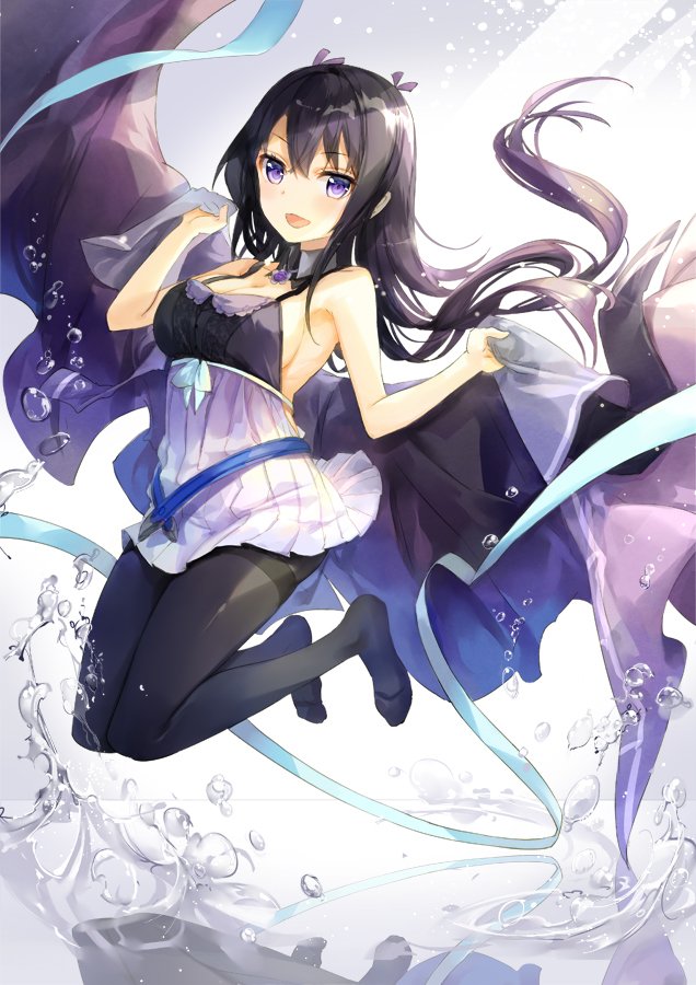 A vibrant anime girl with long black hair and striking blue eyes gracefully floats through water, adorned in a stylish outfit with flowing ribbons and magical elements.