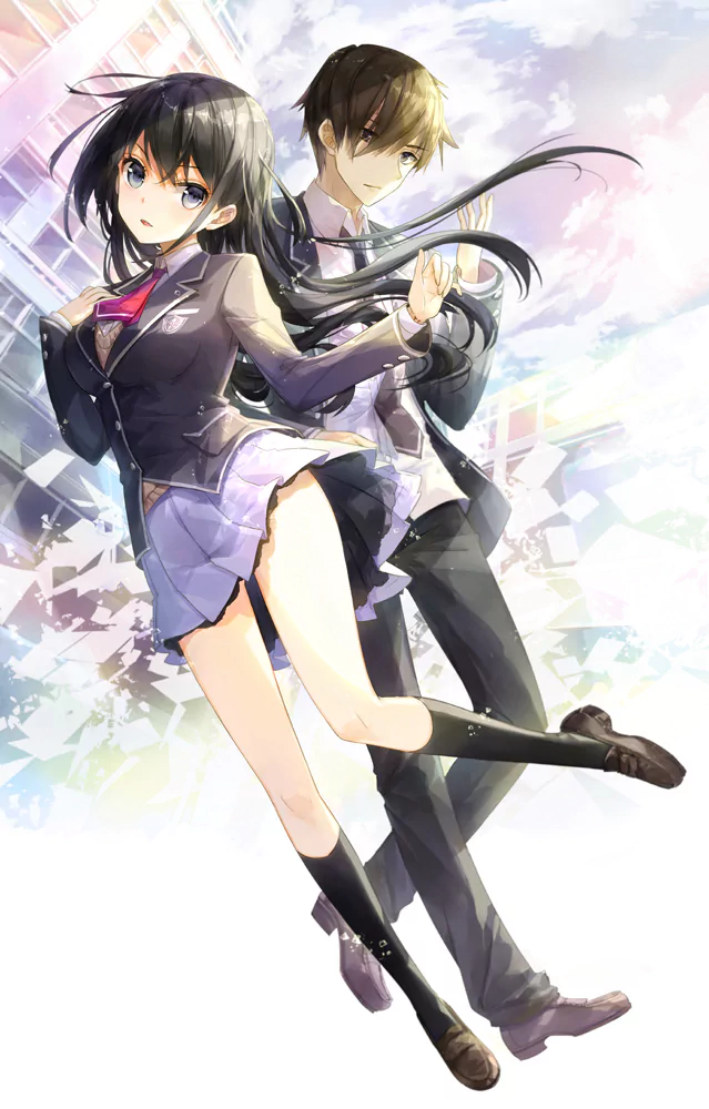 Two characters from the anime Mirai Shousetsu Arcana stand together in a colorful, dynamic pose, featuring a girl in a school uniform and a boy in casual attire.