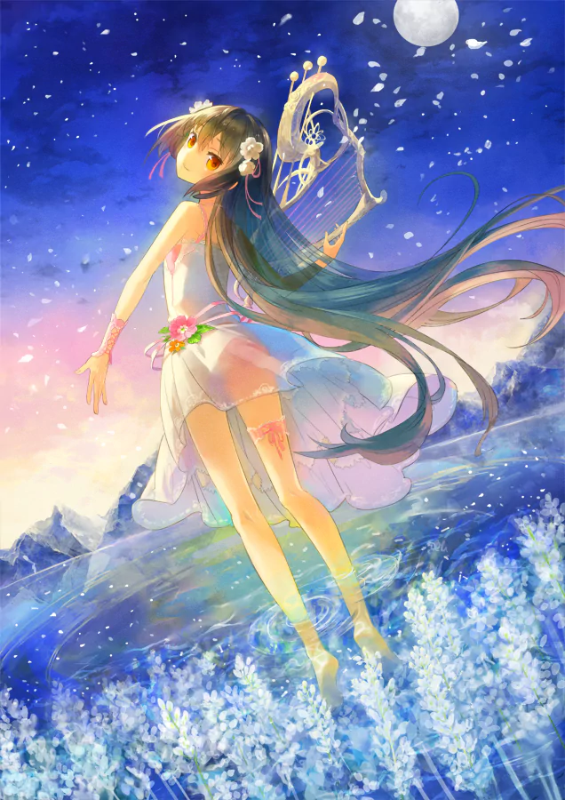 Anime girl wading through a serene landscape, wearing a delicate dress adorned with flowers. She holds a harp, surrounded by shimmering petals under a starry sky.