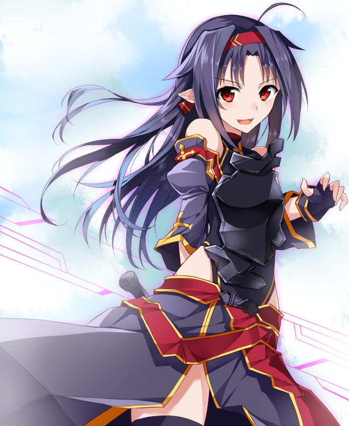 Anime-style illustration of Yuuki Konno from Sword Art Online II, featuring her in dark armor with red accents, smiling confidently against a bright sky background.