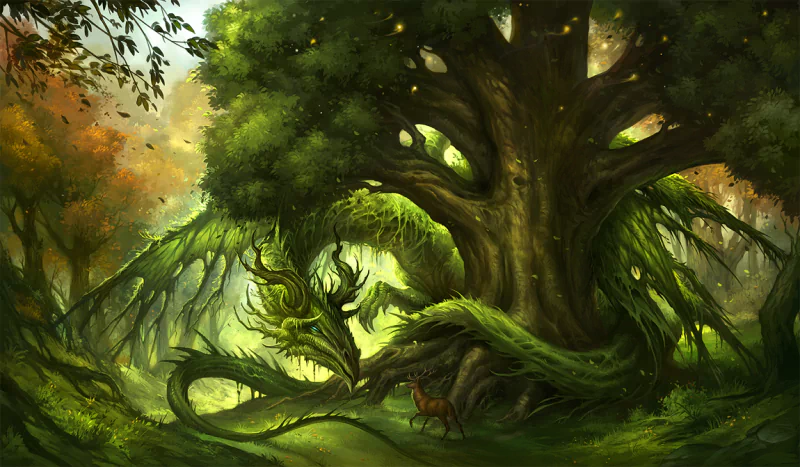 A green dragon of vines winds through a fantasy forest wood, coiled around an ancient tree as dappled sunlight filters through lush leaves.
