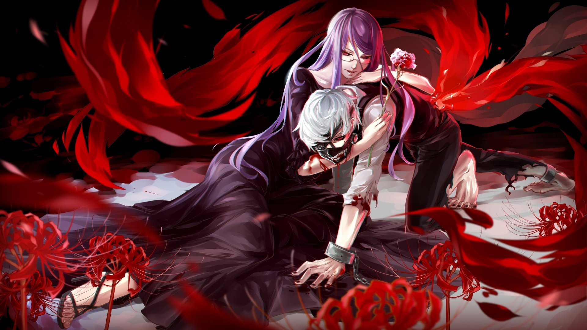 Rize Kamishiro and Ken Kaneki from the anime Tokyo Ghoul are depicted in a dramatic scene surrounded by flowing red elements and dark flowers, enhancing the emotional intensity of the moment.