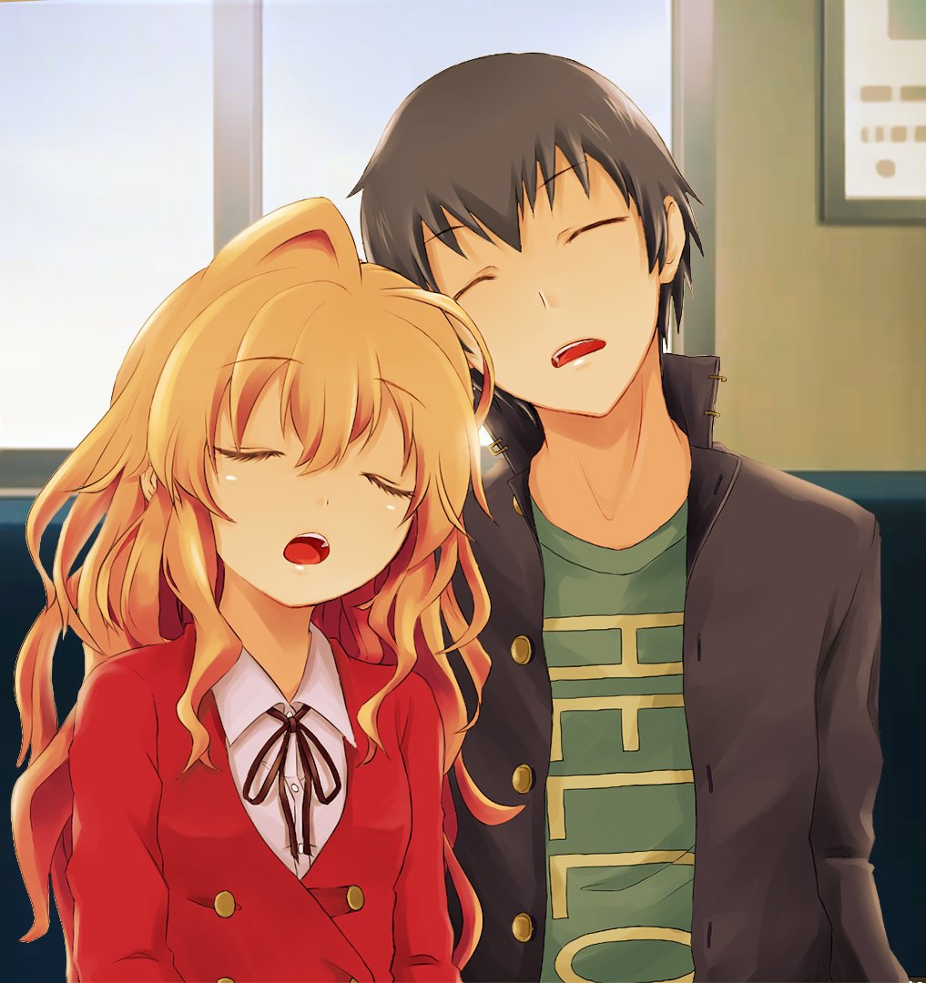 Taiga Aisaka (Toradora!) asleep against a young man's shoulder on a sunlit train, both with eyes closed and relaxed expressions.