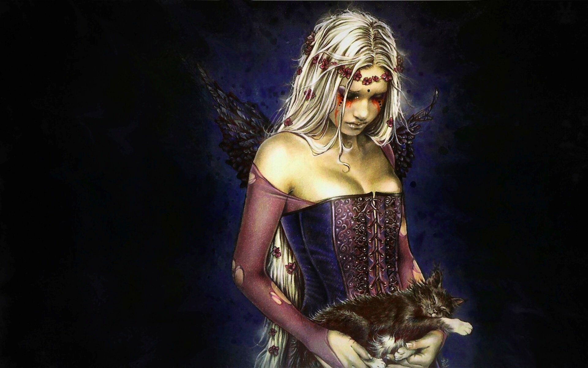 A sad angel with dark wings gently cradles a small kitten, blending fantasy and tender emotion in a dimly lit scene.
