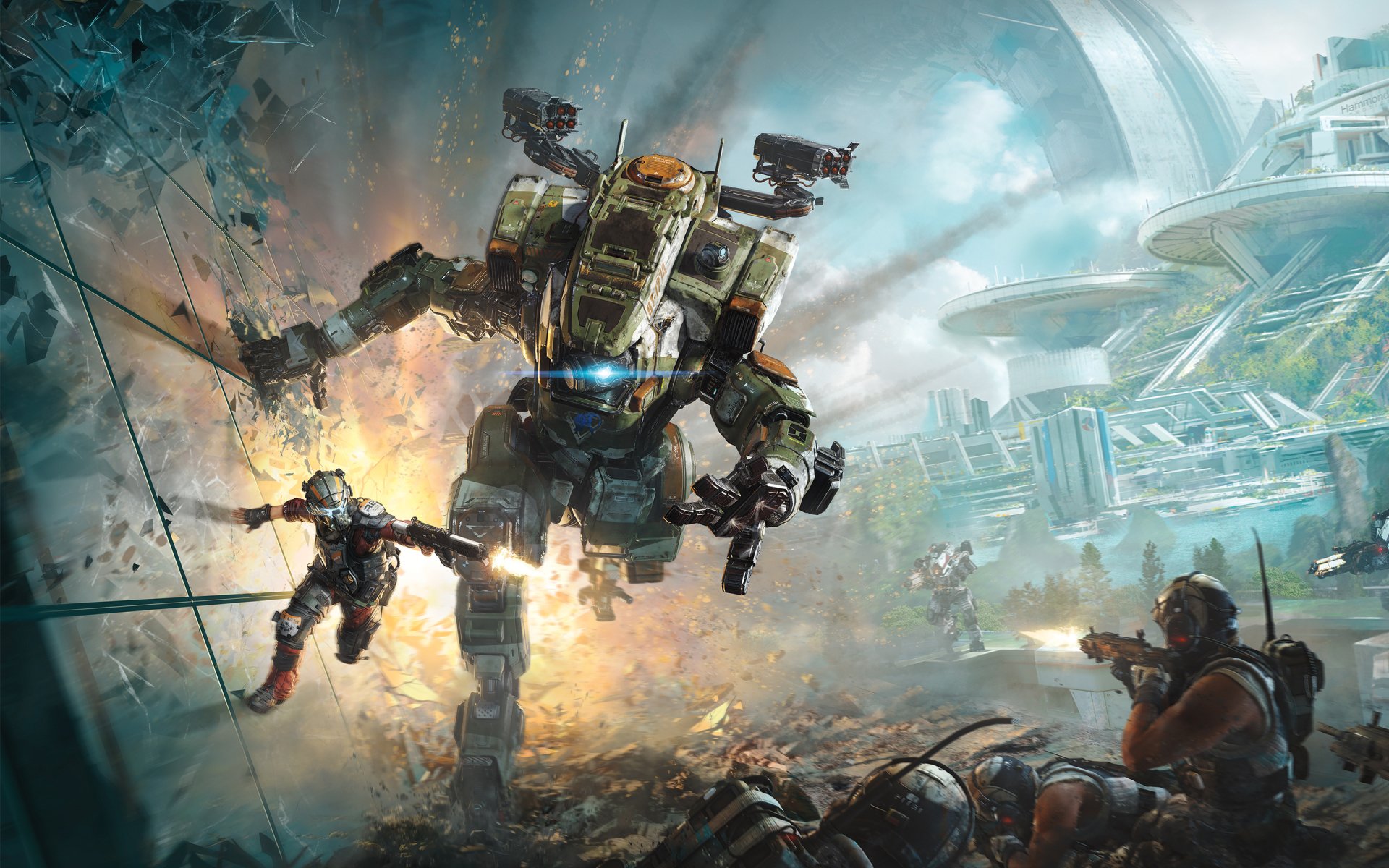 A dynamic scene from the video game Titanfall 2, featuring a massive mech engaged in battle alongside a pilot amidst explosive action and futuristic landscapes.