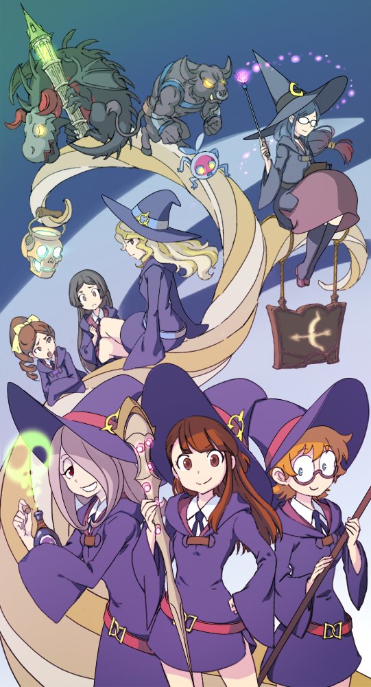 Anime illustration of Atsuko Kagari (Little Witch Academia) leading classmates in purple witch uniforms, wands raised as magical creatures and spell effects swirl overhead.