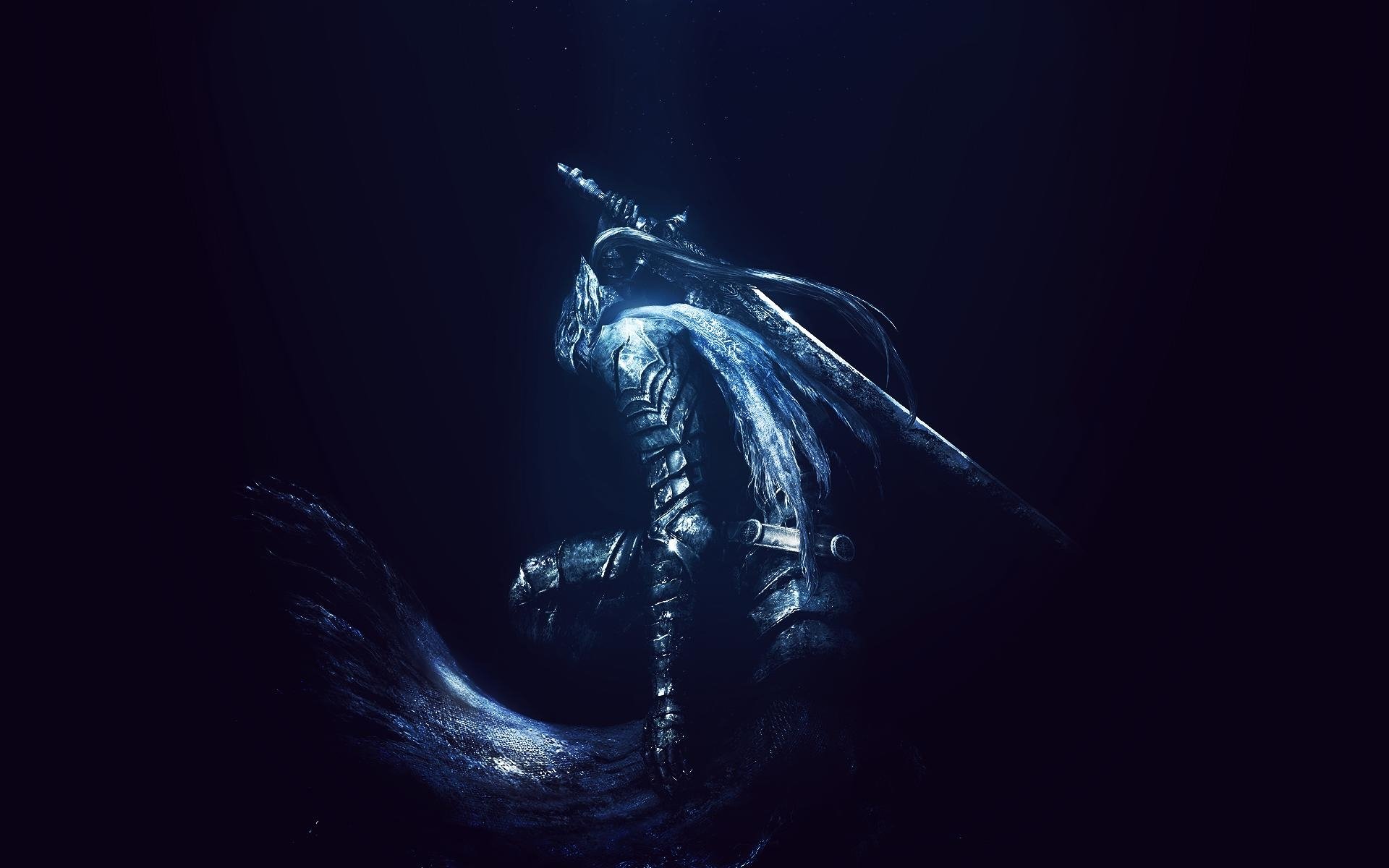 A shadowy figure of Artorias from Dark Souls stands in a dark environment, embodying the game's iconic atmosphere and themes of struggle and heroism.