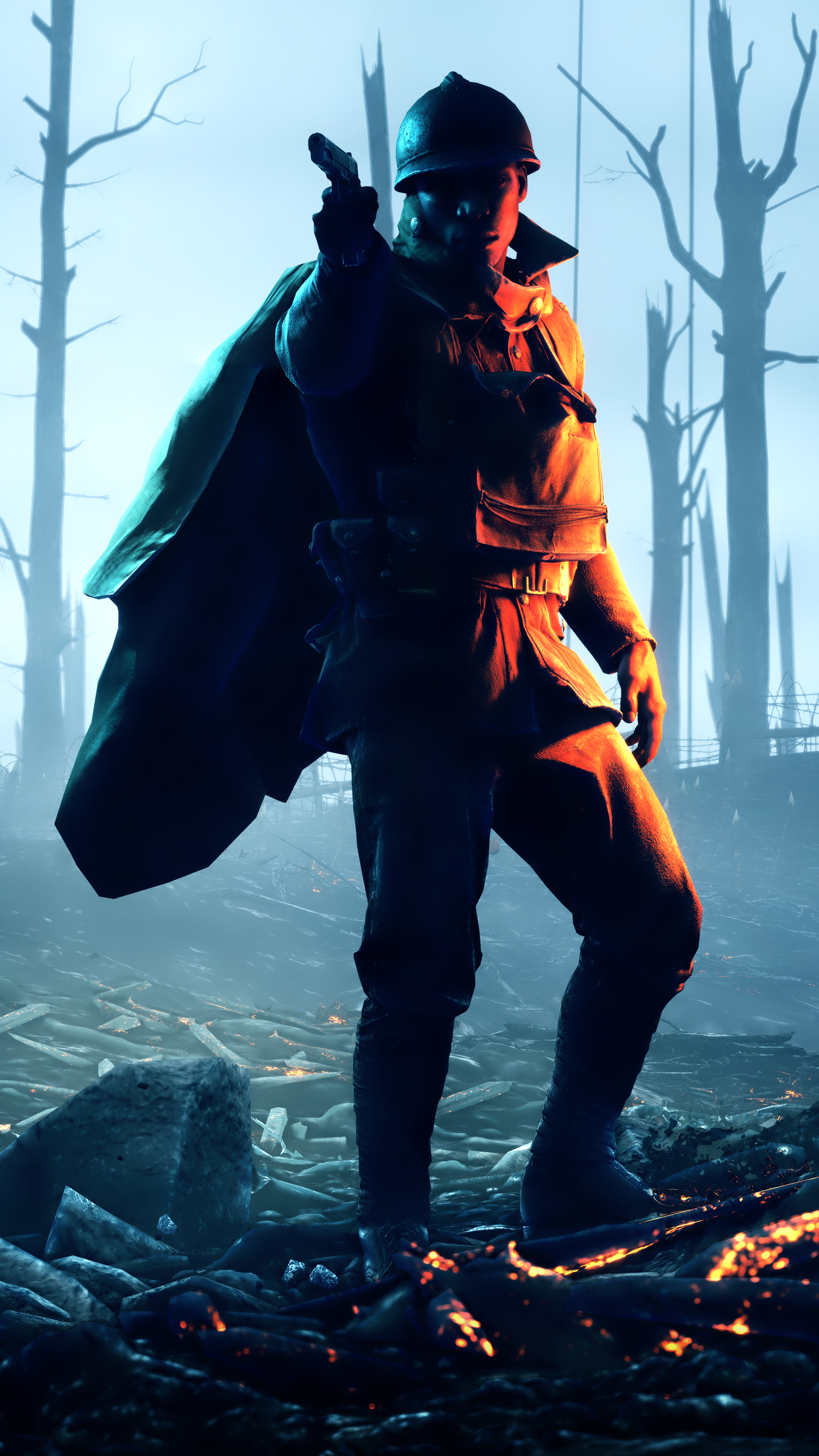 A soldier stands confidently in a post-apocalyptic landscape from the video game Battlefield 1, casting a dramatic silhouette amid the destruction and smoke.