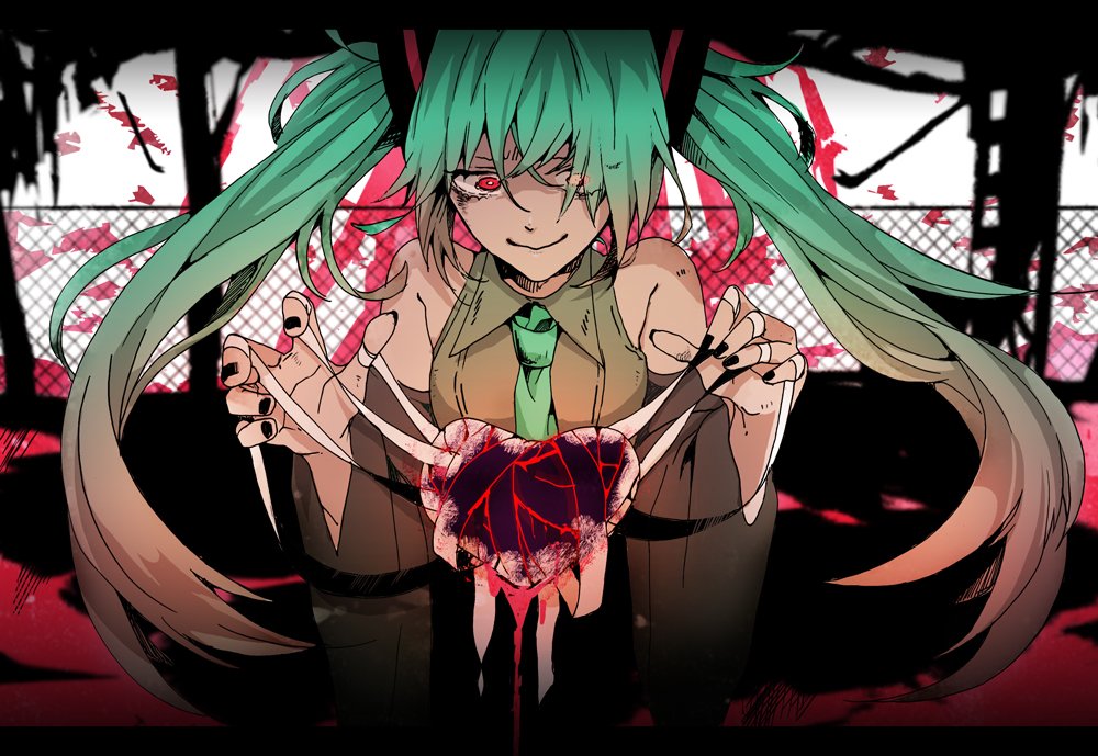 Hatsune Miku (Vocaloid) in anime style: green twin tails, sinister grin and red eyes, holding a bleeding heart as a dark, blood-spattered scene frames her.