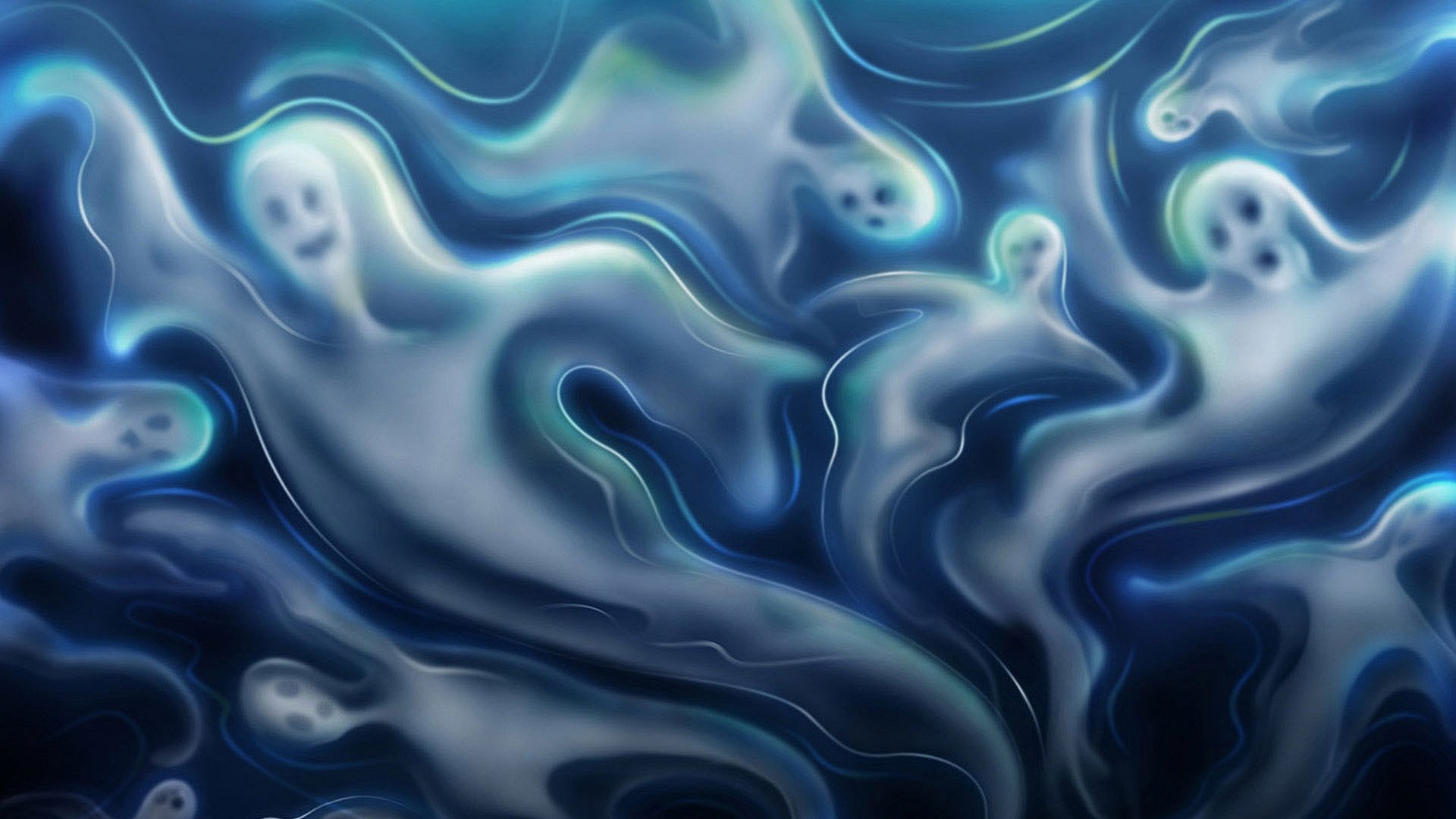 Ethereal ghostly figures swirl in a dark, misty scene, evoking a spooky Halloween holiday atmosphere.