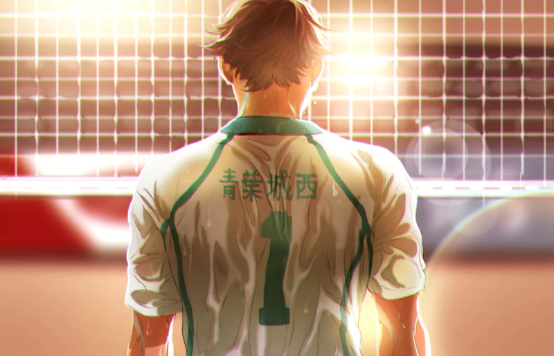 Anime-style scene from Haikyū!! showing a volleyball player in a green and white jersey with number 1, standing with their back to the viewer in front of a net.