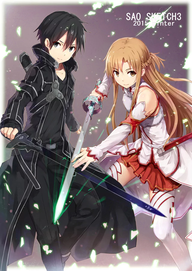 Kirito and Asuna Yuuki from Sword Art Online stand confidently, wielding their swords in an action-packed pose, embodying the spirit of the beloved anime series.