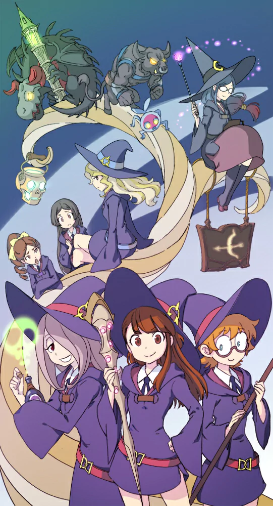 Anime illustration of Atsuko Kagari (Little Witch Academia) leading classmates in purple witch uniforms, wands raised as magical creatures and spell effects swirl overhead.