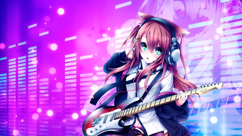 Anime character with pink hair wearing headphones and playing an electric guitar, set against a vibrant background featuring music equalizer visuals.