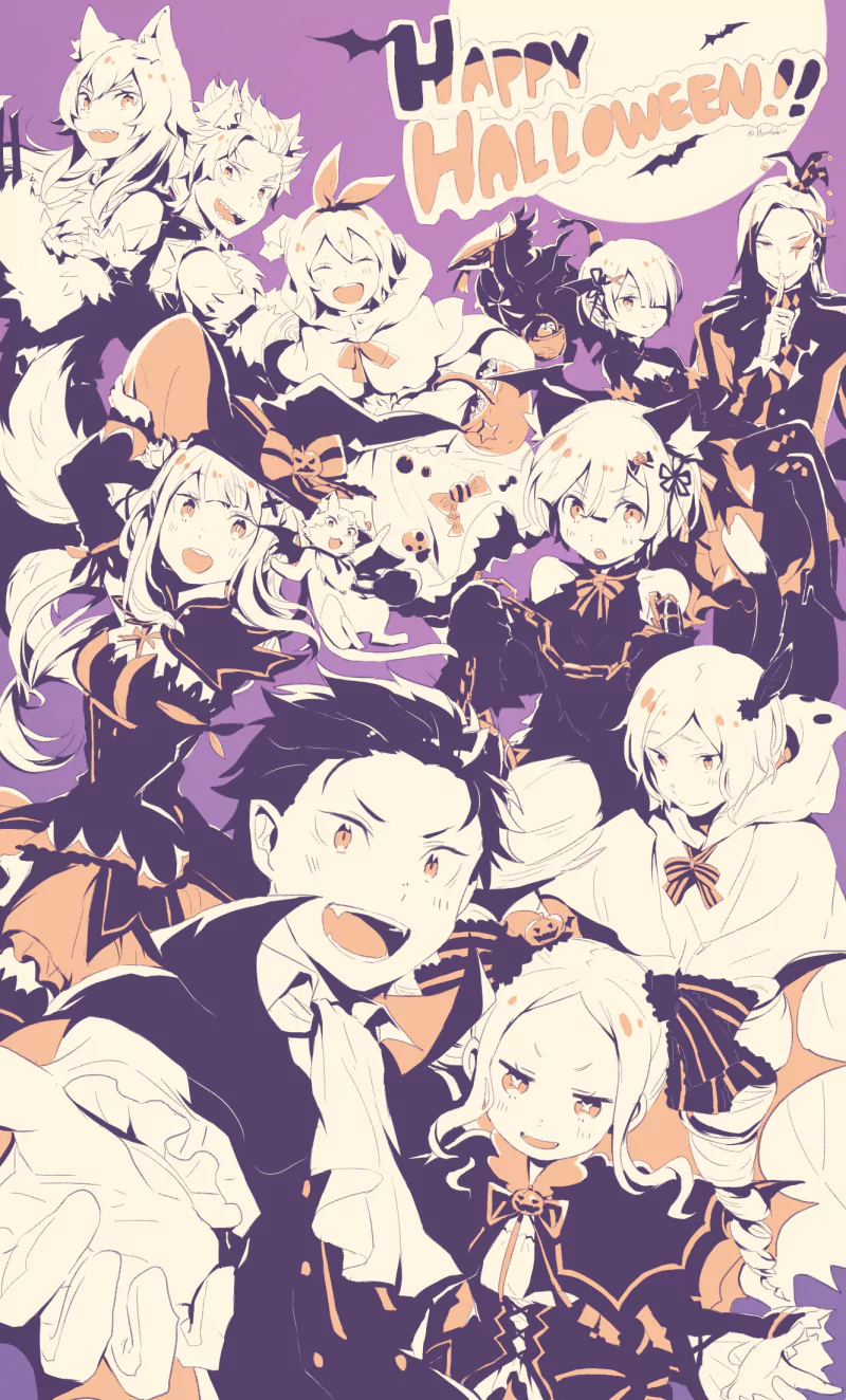 A vibrant Halloween-themed illustration featuring characters from Re:ZERO, including Subaru, Emilia, and Beatrice, all in festive attire and celebrating the holiday.
