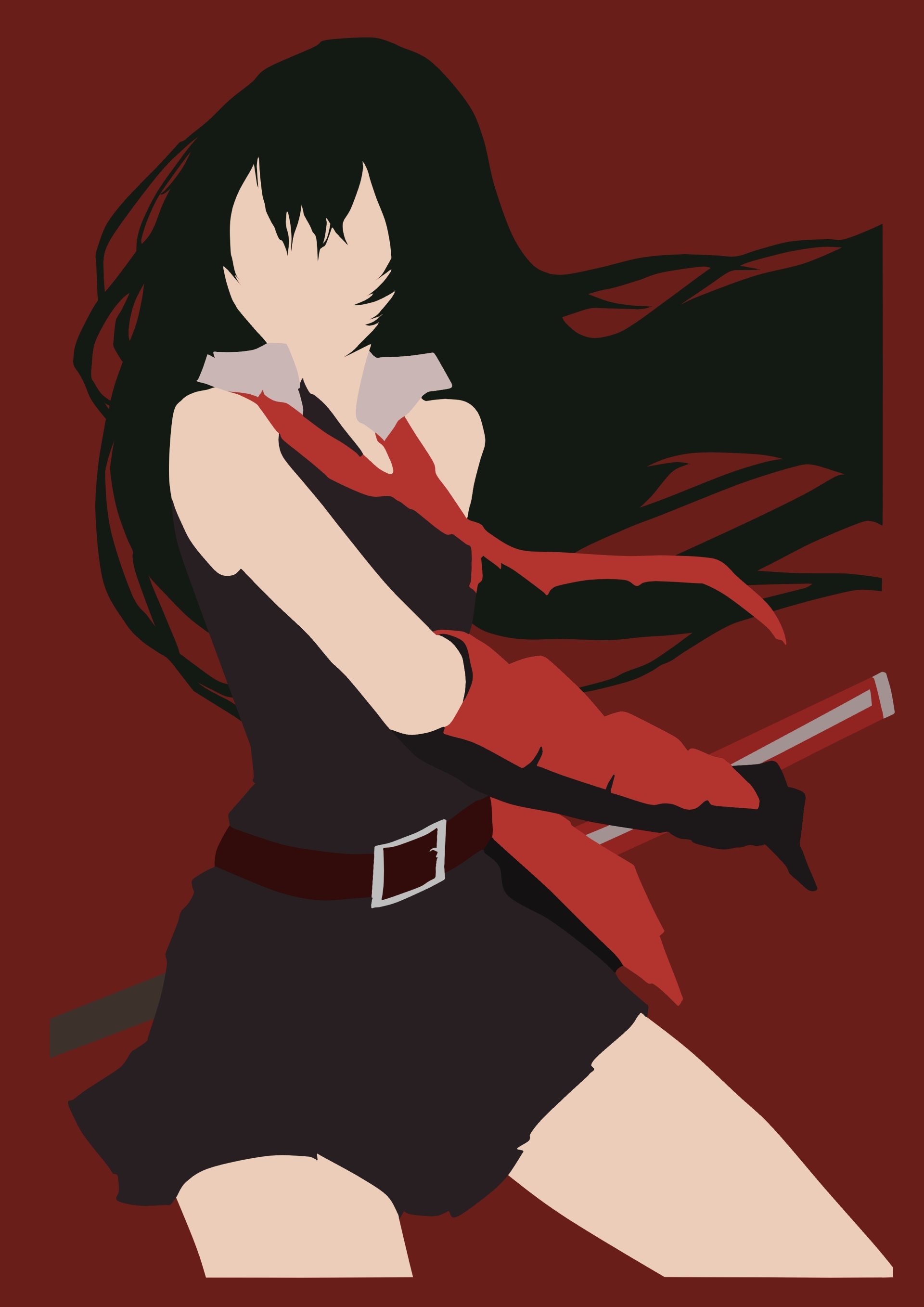 Stylized anime illustration of Akame (Akame ga Kill!) with long black hair, red scarf and gloves, dark outfit, poised with her katana on a deep red background.