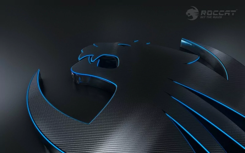 A close-up of the Roccat logo in a sleek, carbon-fiber design, illuminated with blue accents, showcasing technology and gaming aesthetics.