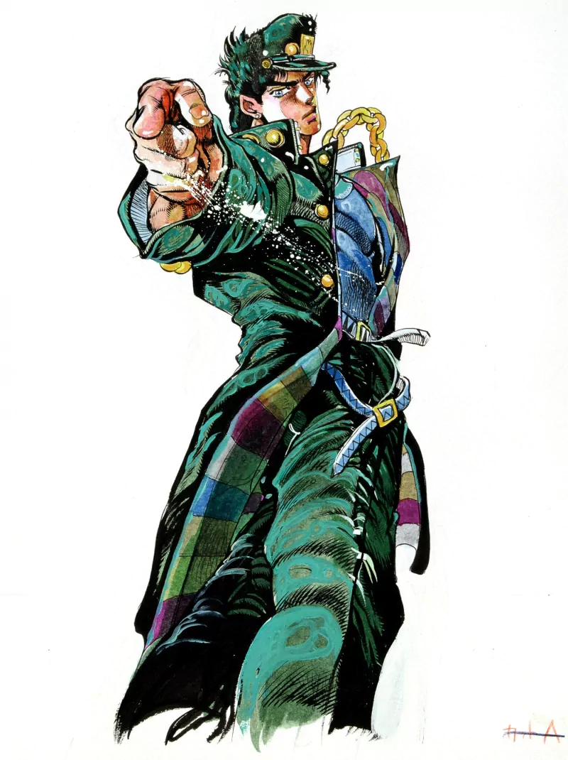 Jotaro Kujo, anime character from JoJo's Bizarre Adventure, strikes a dramatic pointing pose in his dark green school uniform and cap.
