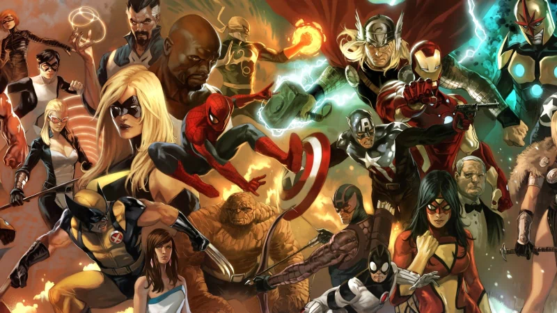 A dynamic comic-style illustration featuring Avengers heroes including Doctor Strange, Hawkeye, Nova, Spider-Woman, Iron Man, Thor, Captain America, Iron Fist, Spider-Man, and Wolverine.