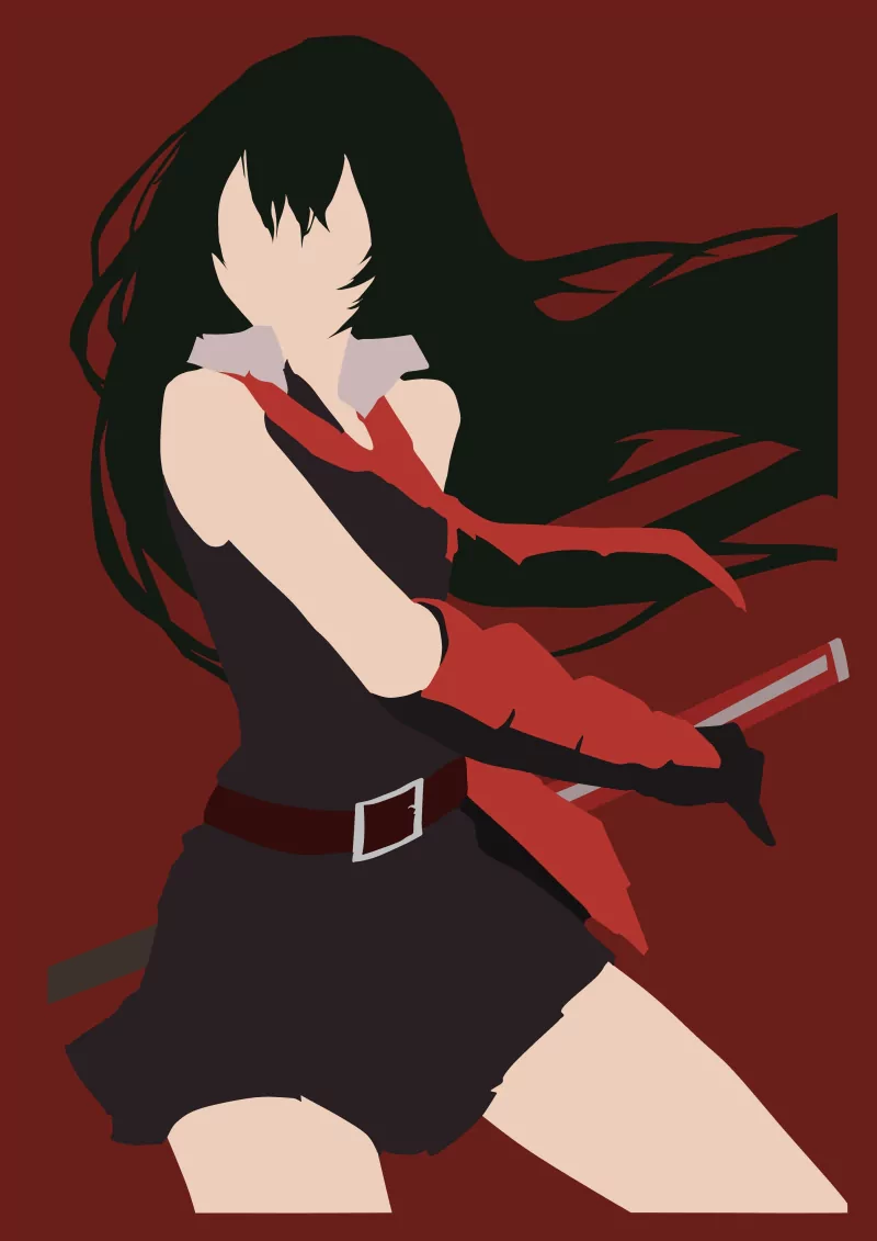 Stylized anime illustration of Akame (Akame ga Kill!) with long black hair, red scarf and gloves, dark outfit, poised with her katana on a deep red background.