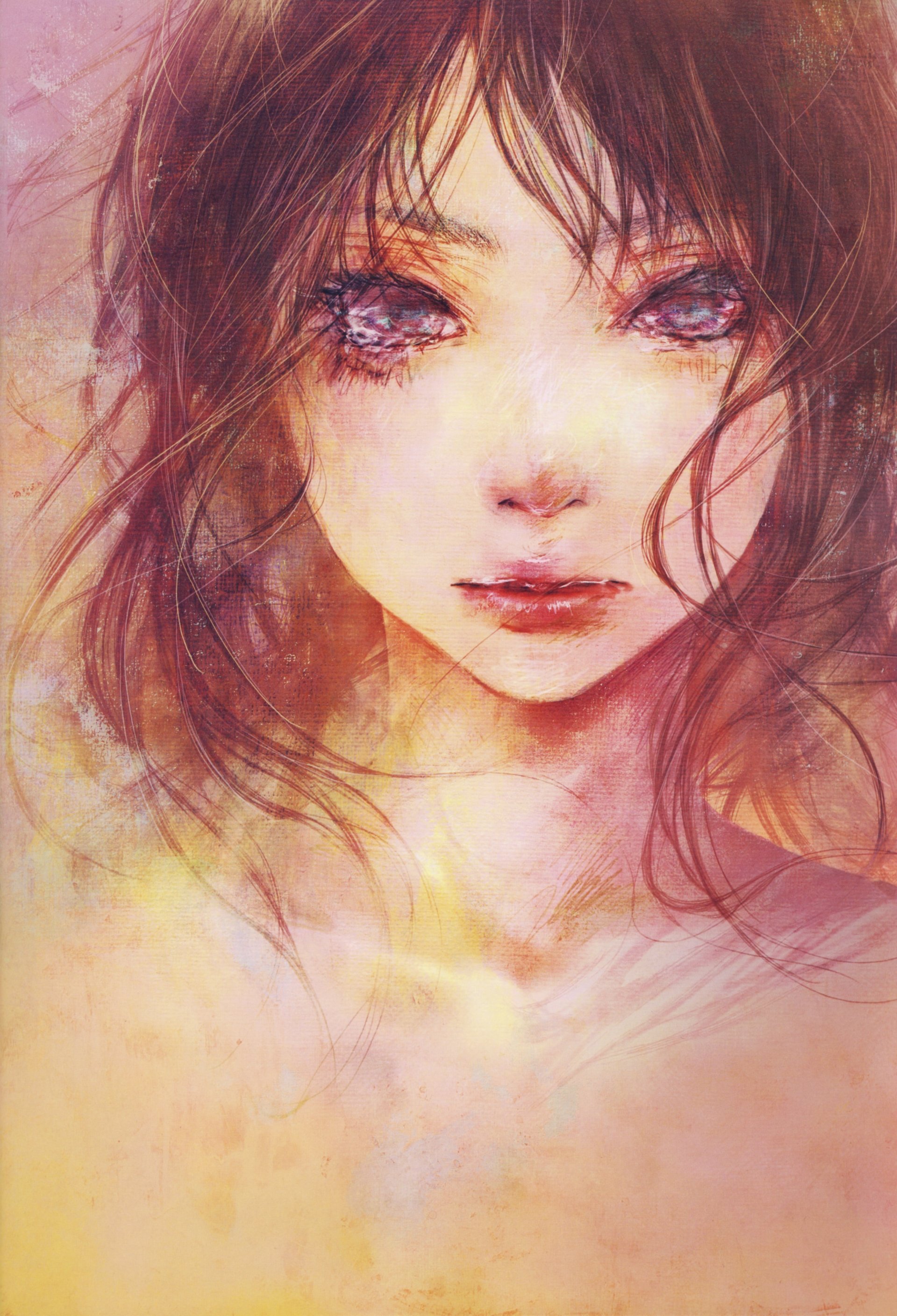 A close-up anime-style illustration of a sad woman with tears in her eyes, conveying deep emotion and vulnerability through soft, muted colors.