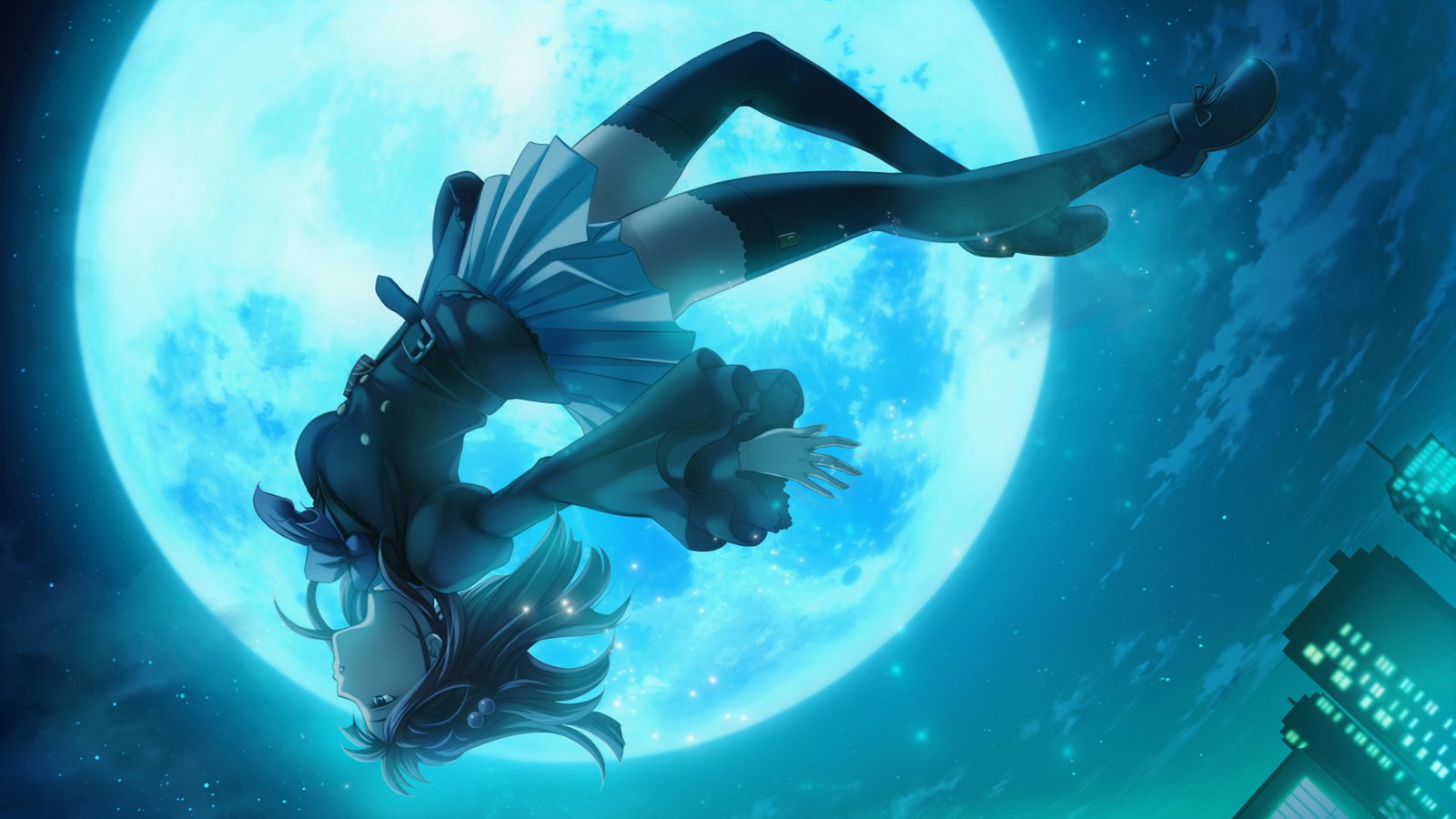 A detailed illustration of Ange Ushiromiya from *Umineko: When They Cry*, suspended against a luminous full moon with a city skyline below, showcasing an atmospheric blend of fantasy and intrigue.
