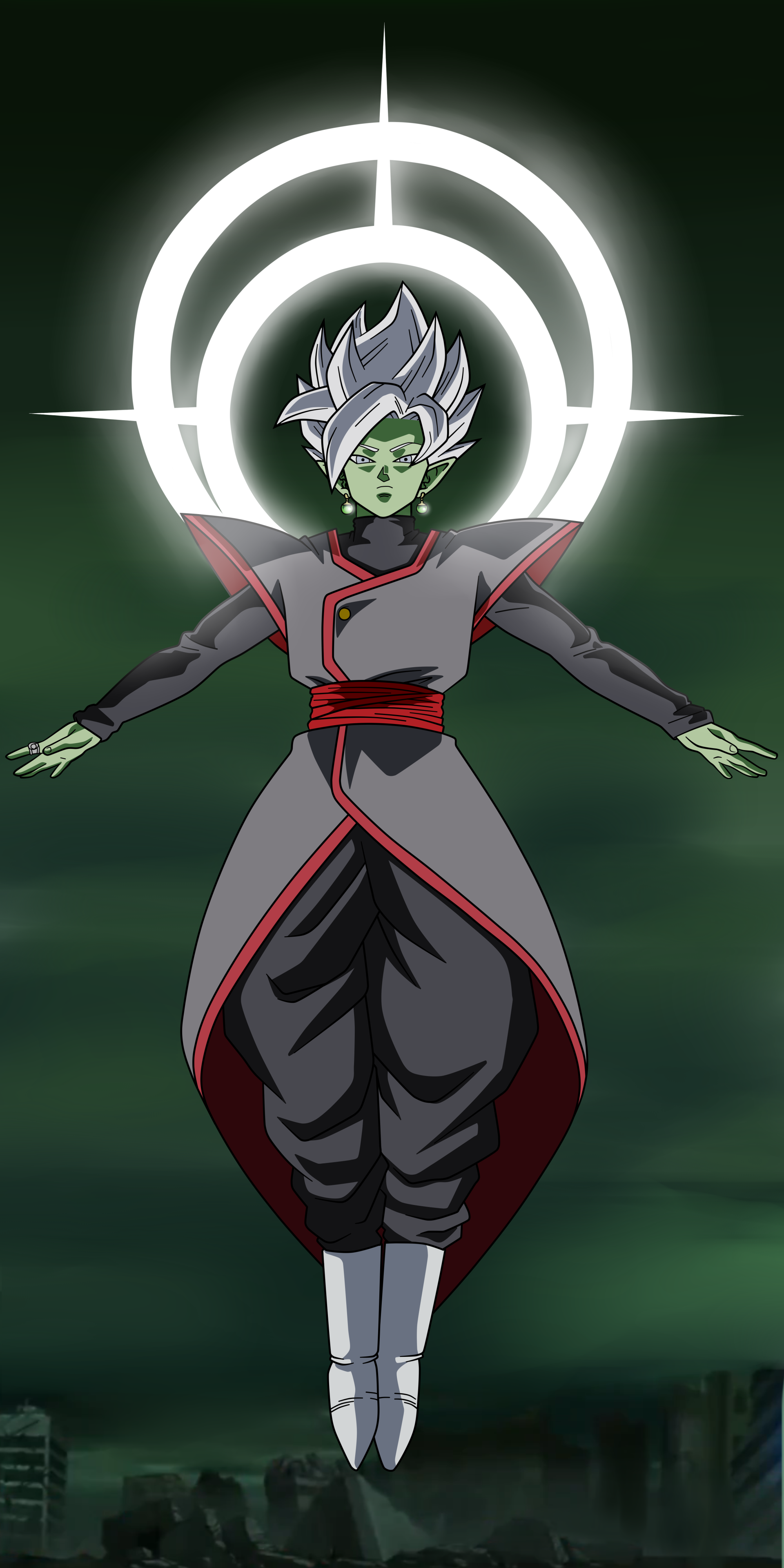 Zamasu from Dragon Ball Super hovers in a dramatic pose, featuring green skin and silver hair, framed by a luminous circular symbol against a dark, eerie background.