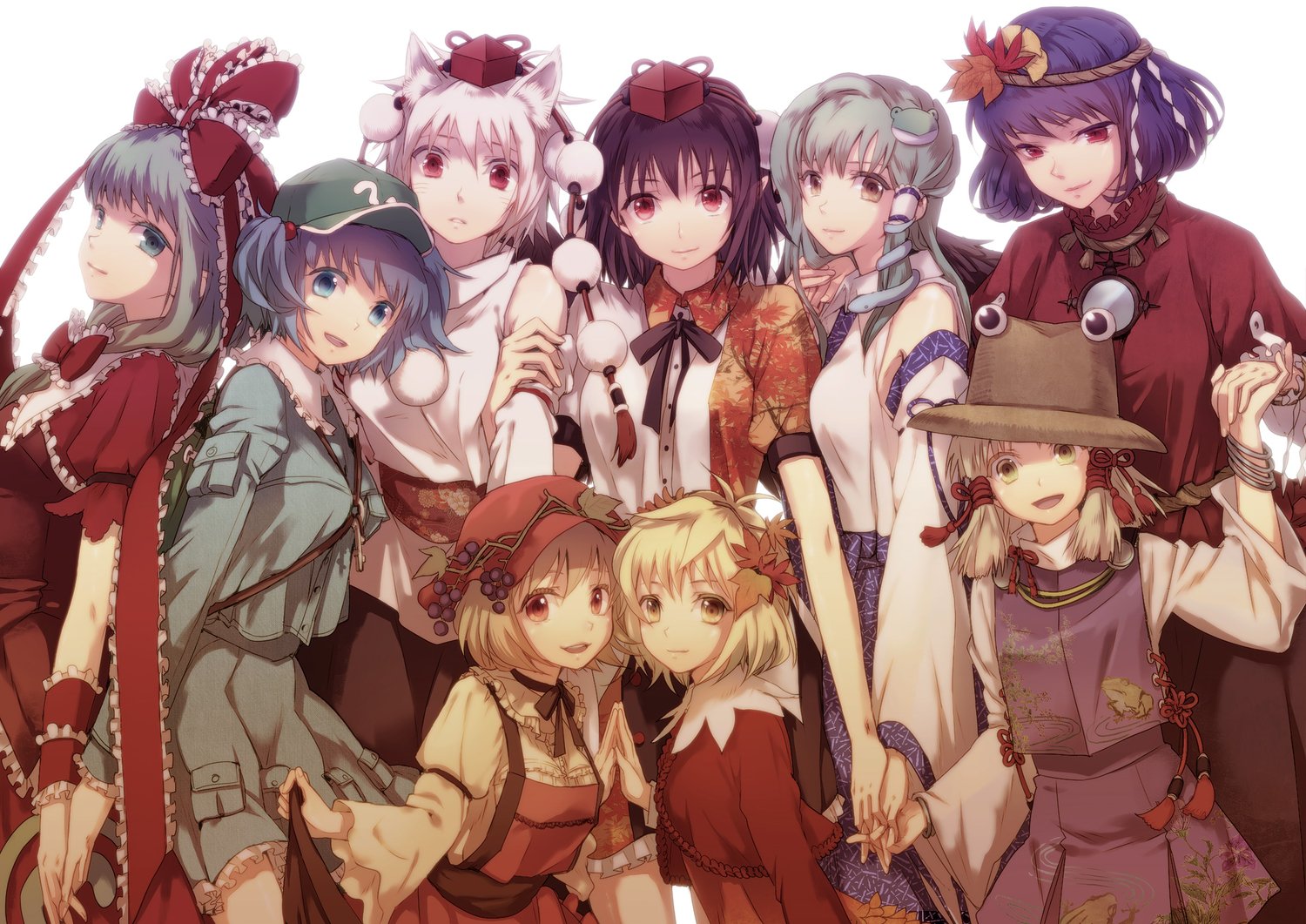 Download Nitori Kawashiro Hina Kagiyama Momiji Inubashiri Suwako Moriya Sanae Kochiya Aya Shameimaru Kanako Yasaka Minoriko Aki Shizuha Aki Anime Touhou Art