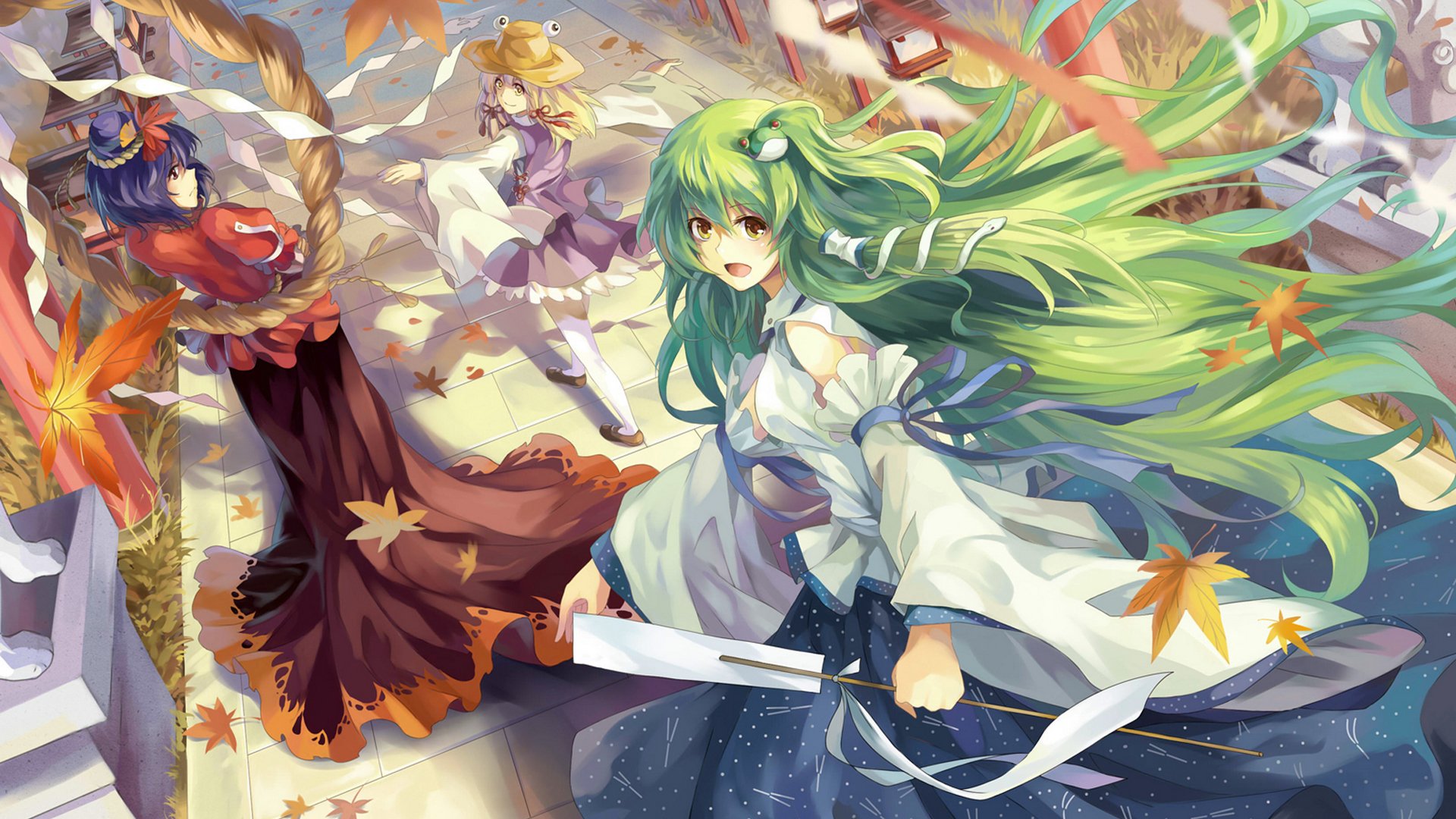 Touhou artwork of Suwako Moriya, Kanako Yasaka, and Sanae Kochiya in traditional Japanese clothes — blonde short-haired Suwako, purple-haired Kanako, long green-haired Sanae amid falling maple leaves.
