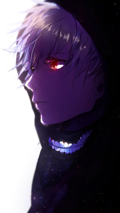Profile view of Ken Kaneki from Tokyo Ghoul with striking red eyes, white hair, and a dark hooded outfit, showcasing the anime’s intense and mysterious atmosphere.